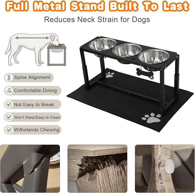 Metal Elevated Dog Bowls for Medium/Large Breed, 3 Adjustable Height(8.8''/11.5''/14'') Raised Dog Bowls Stand with Three 58oz Large Stainless Steel Dog Bowls, with The Splash pad