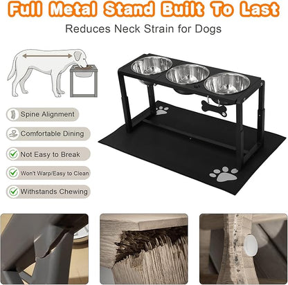 Metal Elevated Dog Bowls for Medium/Large Breed, 3 Adjustable Height(8.8''/11.5''/14'') Raised Dog Bowls Stand with Three 58oz Large Stainless Steel Dog Bowls, with The Splash pad