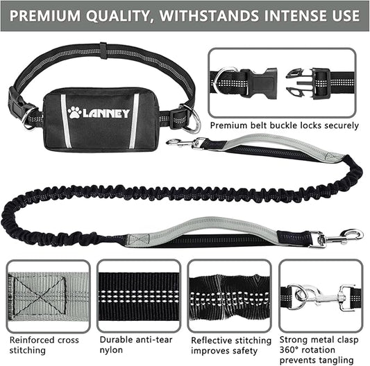 LANNEY Hands Free Dog Leash, Waist Running Leash with Zipper, Walking Pouch for Medium Large Dogs, Dual Handle and Retractable Bungee for Training Jogging Hiking(25-120 lbs, Grey)