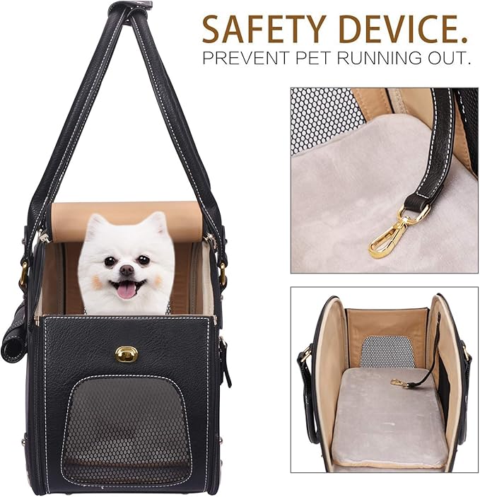 PetsHome Dog Carrier Purse, Pet Carrier, Waterproof Premium Leather Pet Travel Portable Bag Carrier for Cat and Small Dog Home & Outdoor Medium Black