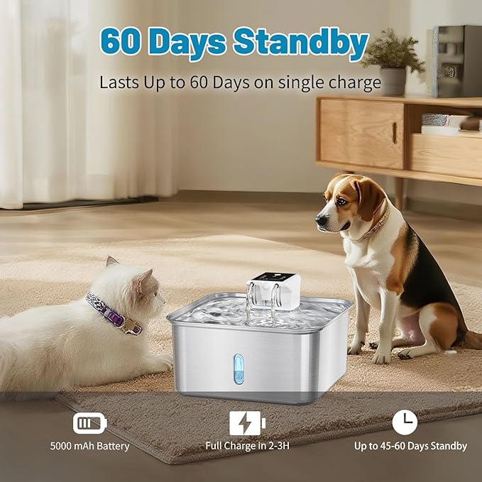 Wireless Dog Water Fountain - Dog Water Bowl Dispenser, 7L/236oz Large Capacity Stainless Steel Cat Fountain with Motion Sensor, Auto Water Dispenser for Multi-Pet Home (Square+5 Filters+5 Sponges)