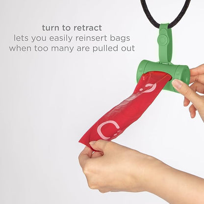 Ubbi Retractable Dog Poop Bag Holder and Dispenser with Silicone Strap Leash Attachment, Includes 2 Rolls of Lavender Scented Leakproof Waste Bags, Green