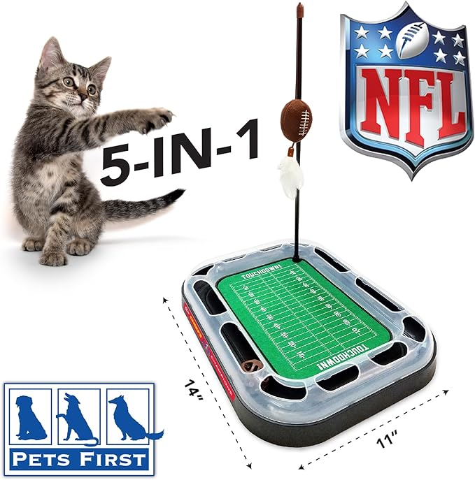Pets First NFL Superbowl Champion Football Field CAT Scratcher Toy with Catnip Filled Plush Football Toy & Feather Hanging, with Jingle Bell, Winning Team Logo, Cat Chasing 5-in-1 Kitty Toy,