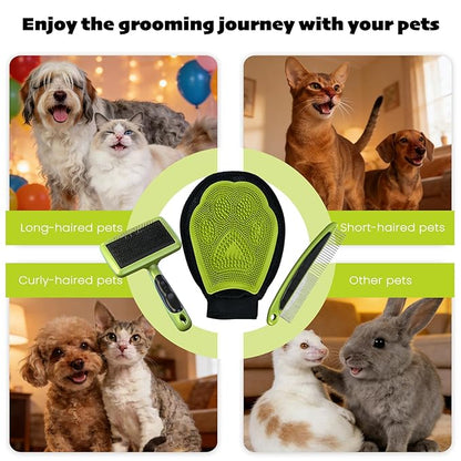 Cat & Dog Brush Set, Pet Grooming Kit with Metal Comb, Slicker Brush, Hair removal Glove for Detangling and Dematting Long, Matted Fur, Green