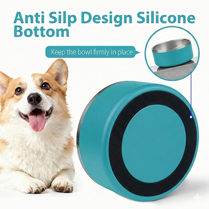 Dog Bowl, Stainless Steel Dog Bowls for Food and Water, Metal Pet Feeding Bowl with Insulated Non-Slip Quiet Bottom, Easy to Clean, Dishwasher Safe, 32oz,4 Cup | Teal