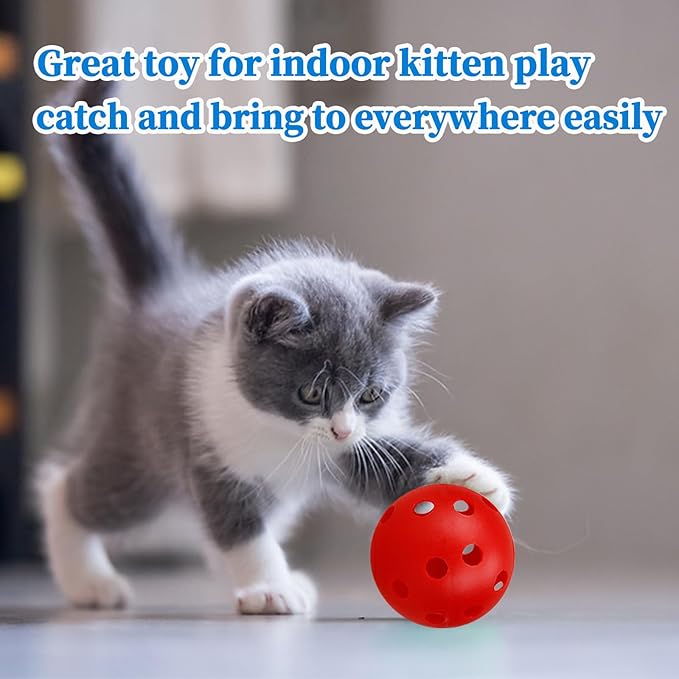 12Pcs Cat Ball Toy, Low Noise No Bells Holey Plastic Cat Balls, Funny Interactive Cats Toys for Indoor Cats, Firm Toy Balls for Kitten Puppy Ferret Bird (1.65", Red)
