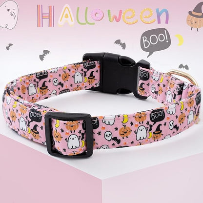Faygarsle Halloween Fall Dog Collar - Fashionable & Cute for Small to Large Dogs - Pink Cotton Collar with Spectre Pumpkin Pattern - XS