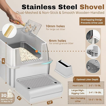 Fully Enclosed XXL Stainlessss Steel Litter Box with Lid, 8" Deep Pan, Large Stainless Steel Cat Litter Box for Big Cat with Scoop, Step Board, Mat, Brush, Odor-Free, Anti-Leak, Non-Stick (Light Gray)