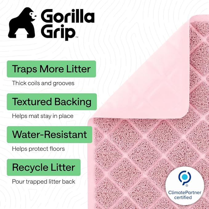 GORILLA GRIP Cat Litter Box Mat, Cushioned Coil Mesh Litter Trapping Mats, Scatter Control Supplies for Less Mess, Phthalate Free, Ultra Deep Catch Grooves, Rinse or Vacuum to Clean, 24x17 Light Pink
