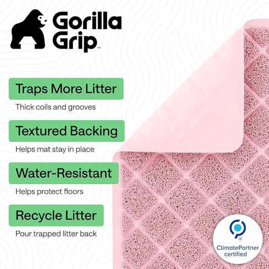 GORILLA GRIP Cat Litter Box Mat, Cushioned Coil Mesh Litter Trapping Mats, Scatter Control Supplies for Less Mess, Phthalate Free, Ultra Deep Catch Grooves, Rinse or Vacuum to Clean, 17x11 Light Pink