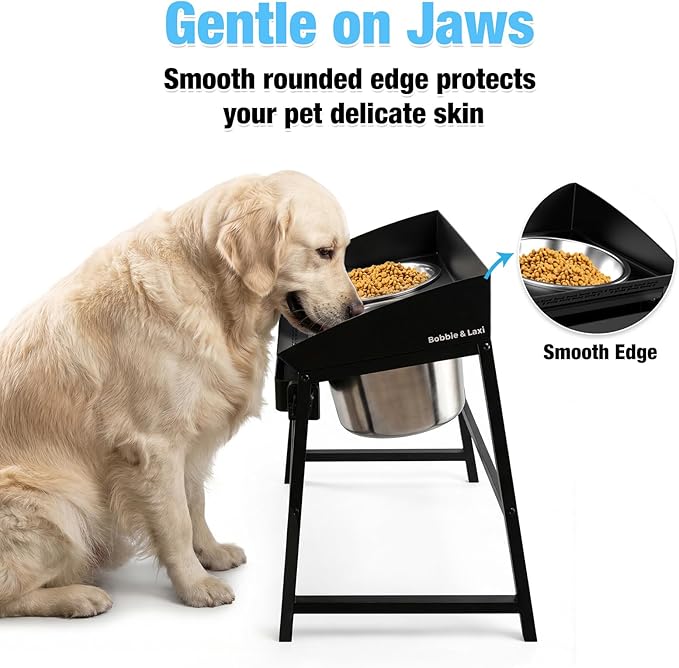 Bobbie & Laxi Elevated Dog Bowls for Large Dogs, 15-inch Tall Raised Dog Bowl Stand with Plastic Guard, Tilted Spill Proof Dog Bowl Design, Stainless Steel Food and Water Bowls for Mess-Free Floors