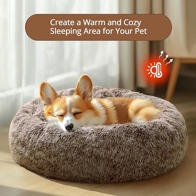 JOLLYVOGUE Calming Dog Beds Large Sized Dog, 36in Donut Washable Large Pet Bed, Anti-Slip & Anti-Anxiety Fluffy Faux Fur Round Dogs Bed, Fits up to 80 lbs Pets (Smoke Brown)