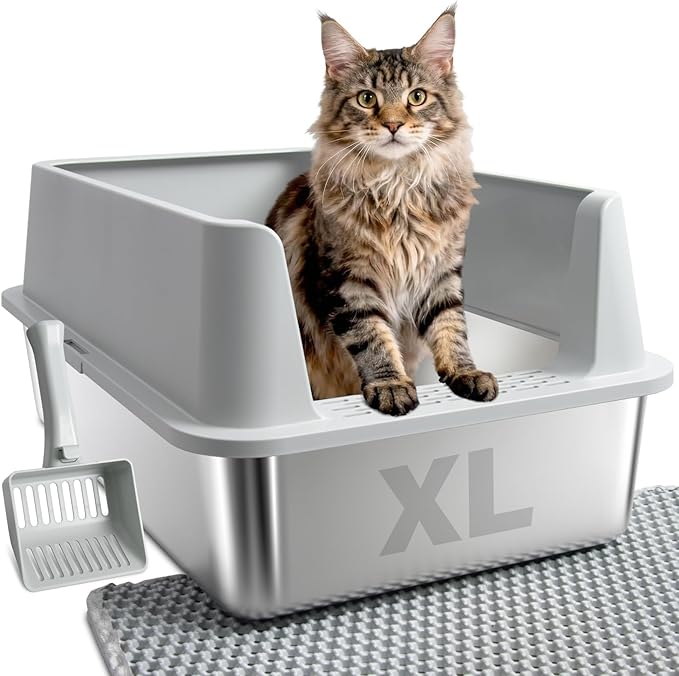 Stainless Steel Litter Box, XL Metal Cat Litter Box with Lid, Extra Large Cat Litter Boxes for Big Cats with High Sides, Leak Proof, Easy to Clean, No Stick, Odor Control, Include Scoop and Mat