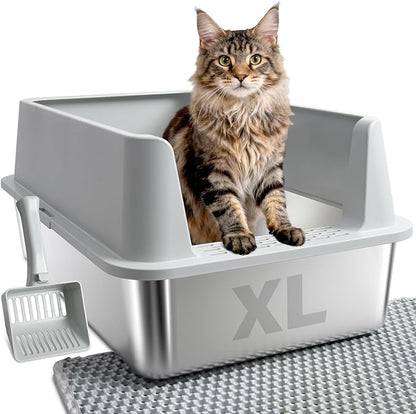 Stainless Steel Litter Box, XL Metal Cat Litter Box with Lid, Extra Large Cat Litter Boxes for Big Cats with High Sides, Leak Proof, Easy to Clean, No Stick, Odor Control, Include Scoop and Mat