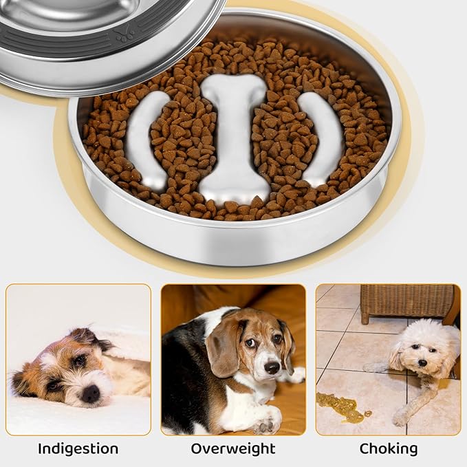 Slow Feeder Dog Bowls Stainless Steel,Anti-Slip Slow Eating Dog Food Bowl,Double-Sided Bones Design dig Dish, 3 Cups Capacity for Small and Medium Dogs Slow Down Eating