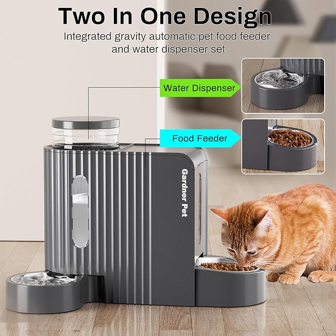 Gardner Pet Gravity Cat Water Dispenser & Food Feeder, Automatic Feeder Stainless Steel Bowls Two-in-One Set Large Capacity for Pets Cats, Kittens, Dogs, Puppies -(0.8 Gallons x 2)