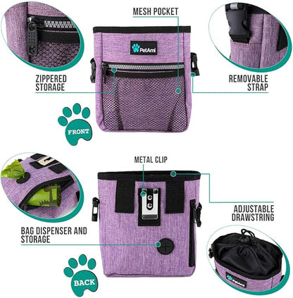 PetAmi Dog Treat Pouch, Pet Treat Pouch for Training, Dog Walking Bag Holder for Kibbles, Pet Food Toy, Dog Trainer Essentials Supplies, Poop Bag Dispenser, 3 Ways to Wear (Purple)