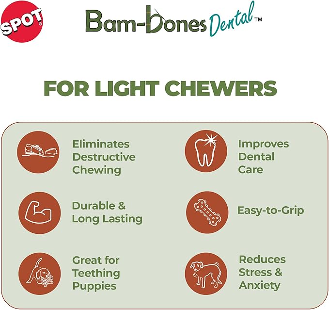 SPOT Bam-Bones Dental Bone - Made with Bamboo Fiber and a Massaging Rubber Center, Durable Oral Care Dog Chew for Light Chewers & Teething Puppies Under 40lbs, 7in, Allergen Free Peanut Butter Flavor