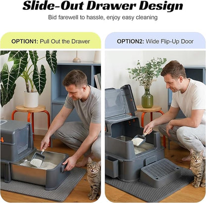 Stainless Steel Enclosed Cat Litter Box with Lid and Mat, Extra Large Kitty Litter Box with Drawer, Front & Top Entry Metal Cat Box for Big Cats, Odor Control, Easy to Clean, Grey