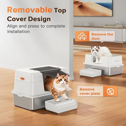 XL Premium Stainless Steel Enclosed Cat Litter Box with Lid, Extra Large Heavy-Duty Metal Litter Box for Big Cats & Multi-Cat Homes|Leak-Proof, Odor-Locking, Non-Stick Surface | Easy Clean (White)