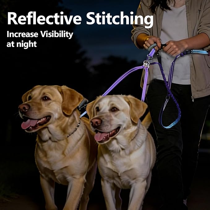 Roses&Poetry Hands Free Double Dog Leash for Two Dogs, 9-11ft Adjustable Bungee Walking Waist Lead, Dual Dog Leash with Tangle-Free Swivel for Medium Large Dogs Heavy Duty Running(Violet)