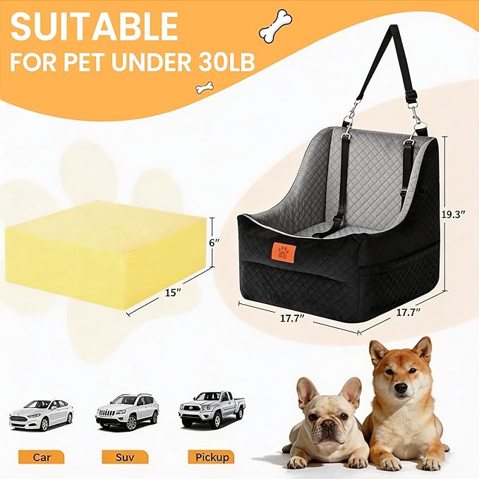 Dog Car Seat for Medium Dogs Up to 35lbs, Pet Booster Seat with 2 Safety Belts, Detachable Washable, Non-Slip Stable Base, Portable Puppy Car Seat for Travel & Outdoor Daily Use