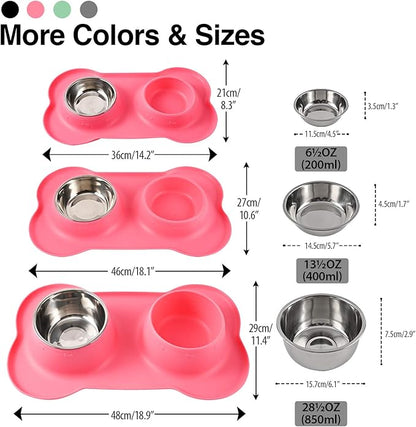 Dog Bowls 2 Stainless Steel Bowl for Pet Water and Food Feeder with Non Spill Skid Resistant Silicone Mat for Pets Puppy Small Medium Cats Dogs