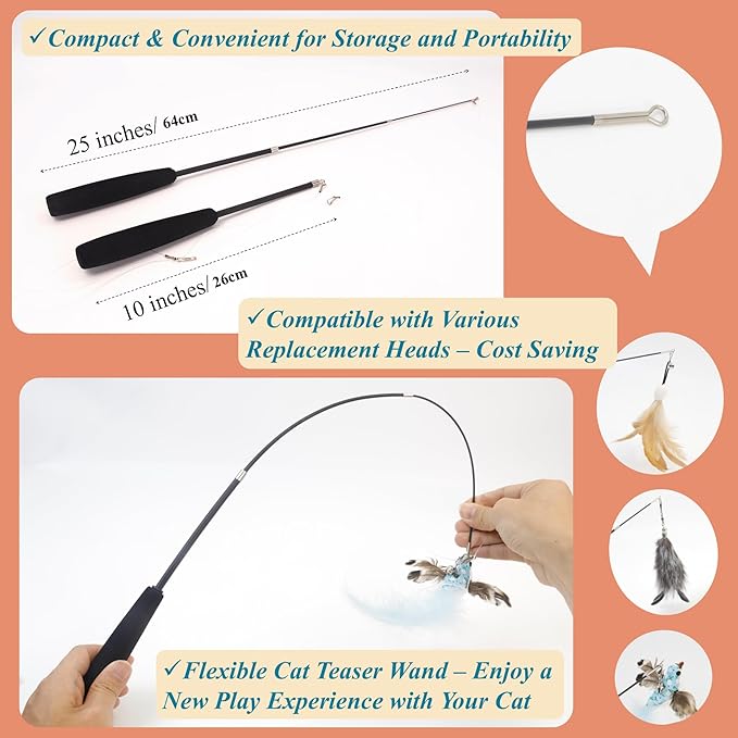 Interactive Cat Wand Toy with 4 Refills and Storage Box – Collapsible Cat Teaser Stick with Catnip Lure, Insect & Ribbon Attachments – Feather Cat Toys for Indoor Cats Enrichment