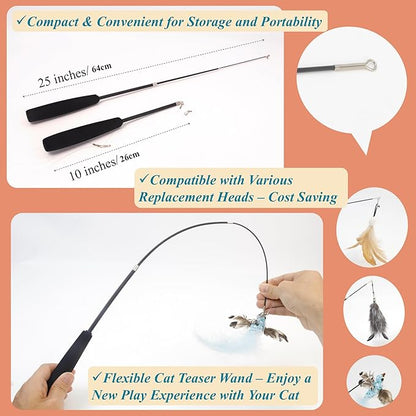Interactive Cat Wand Toy with 4 Refills and Storage Box – Collapsible Cat Teaser Stick with Catnip Lure, Insect & Ribbon Attachments – Feather Cat Toys for Indoor Cats Enrichment