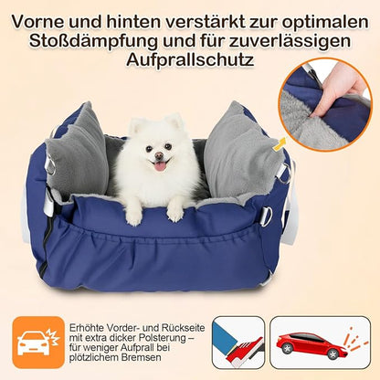 SIVES Dog Car Seat for Small Dogs, Soft Booster Seat Travel Bed with Side Flaps, Non-Slip Base, Seat Belt Straps + Safety Tether, Storage Pocket, Washable Cushion, Recommended Up to 33 lbs, Blue