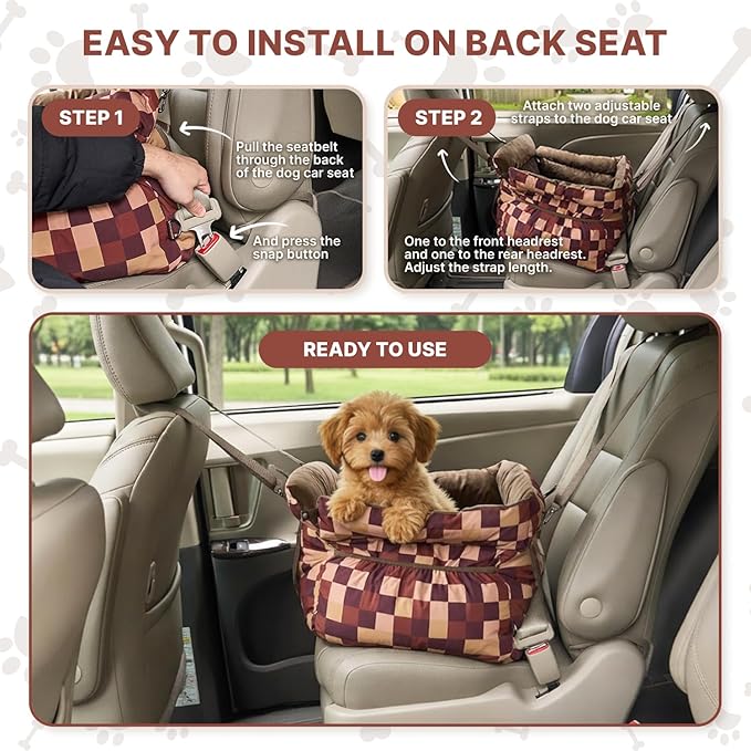 BurgeonNest Dog Car Seat for Small Dogs, Calm Blue Pet Car Bed Under 25 lbs, Soft Booster Fully Detachable and Washable Cat Carseats with Storage Pockets and Clip-On Leash Portable Travel Carrier