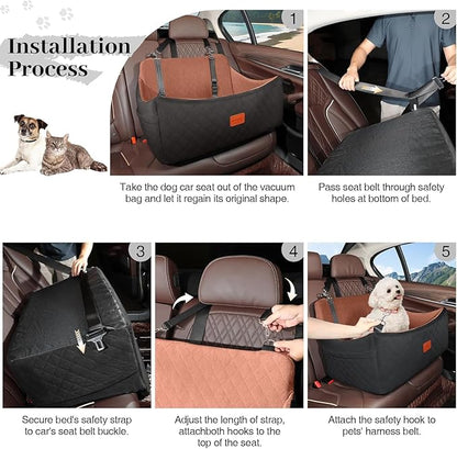 Wooaidagg Dog Car Seat for Medium & Large Dogs Up to 55lbs, Memory Foam Cushion, Washable Cover, Safety Straps & Non-Slip Bottom(Black/Brown,Large)