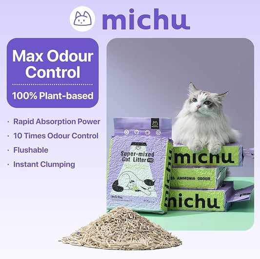 Michu Mixed Tofu Cat Litter, Flushable & Clumping Kitty Litter, Strong Odor Control, Low Tracking, Low Dust, 5.5Lb/88Oz, 1 Pack