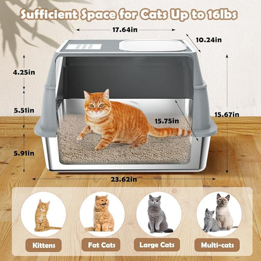 Vivifying Stainless Steel Litter Box with Lid, XL Front Entry Enclosed Extra Large Litter Box for Big Cats & Kitty, Top Exit Metal Cat Pan with Scoop, Mat, Trapping Step, Charcoal Filter (Gray)