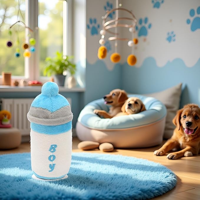 1Pcs Light Blue Funny Chewing Pet Toy, Cat Cute Baby Bottle Design Bite Squeaky Sound Plush Molar Toy，Dog Squeak Toys,Crunch and Play Bottle Dog Toy