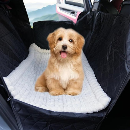 2-in-1 Dog Car Seat Cover & Dog Car Pet Bed Mat for Back Seat, Waterproof Pet Hammock with Soft Plush Cushion, Nonslip Backseat Protector for Dogs, Fits Cars SUVs Trucks