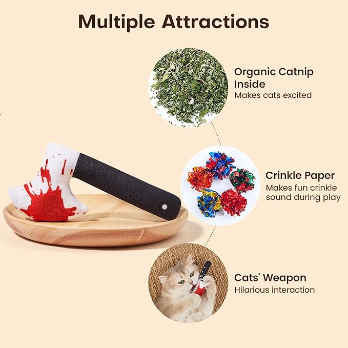 Potaroma 4Pcs Cat Toys, Horror Halloween Knife-Shaped Kitten Catnip Crinkly Sound Toys, Indoor Exercise for All Cat Breeds 6.5 Inches