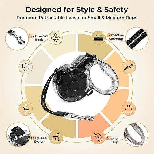 Retractable Dog Leash for Small Dogs, 13ft Reflective Retractable Leash with 360° Tangle-Free Design, Heavy Duty Nylon Tape Lead for Small to Medium Pets up to 50 lbs One-Handed Brake & Lock