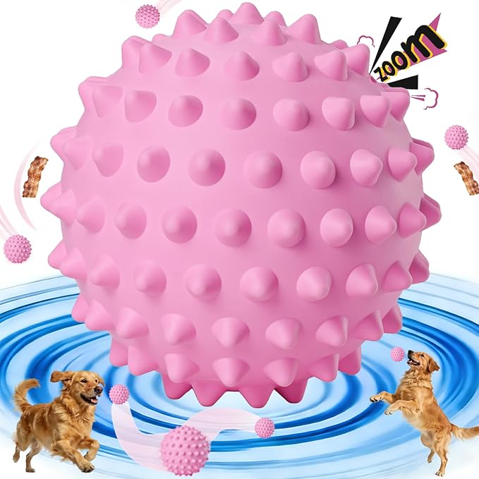 Apasiri Bacon-Flavored Squeaky Balls for Dogs: 3.5Inch Durable Rubber Bouncy Dog Balls for Aggressive Chewers, Spiky Floating Dog Balls for Large & Medium Dogs, Dog Birthday Gift, Pink Easter Dog Toys