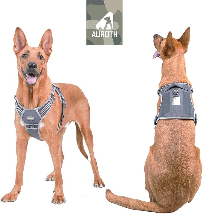 Auroth Tactical Dog Harness for Large Dogs No Pull Adjustable Pet Harness Reflective Working Training Easy Control Pet Vest Military Service Dog Harnesses Grey XL