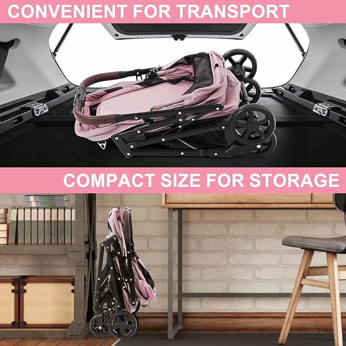 NO-Zip Pet Stroller for Small Dogs & Cats, Lightweight Dog Stroller with Reflective Safety Strips, One-Hand Fold, Claw-Proof Mesh, Breathable Travel Carriage, 33lbs Capacity, Pink