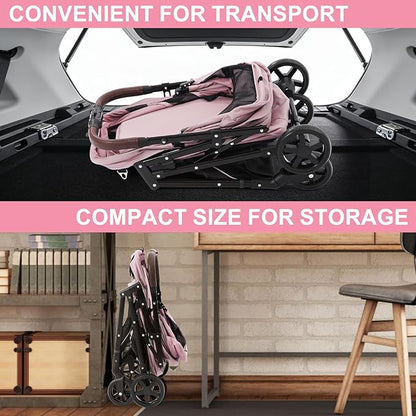 NO-Zip Pet Stroller for Small Dogs & Cats, Lightweight Dog Stroller with Reflective Safety Strips, One-Hand Fold, Claw-Proof Mesh, Breathable Travel Carriage, 33lbs Capacity, Pink