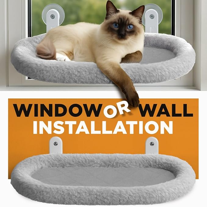 Cat Window Perch – Strong 6 Suction Cup Foldable Cat Hammock Bed for Large Cats and Kittens That Holds up to 50 lbs with Washable Reversible Cover, Sturdy Metal Frame for Window (Gray)