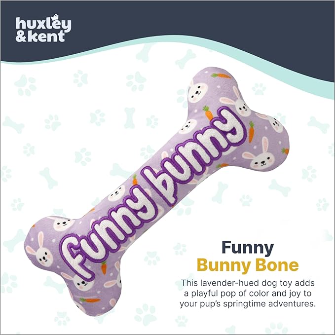 Huxley & Kent Funny Dog Toy w/Squeaker – Power Plush Squeaky Dog Toys for Small, Medium & Large Dogs – Soft Stuffed Animal for Indoor Play & Fetch - Funny Bunny Bone, Small