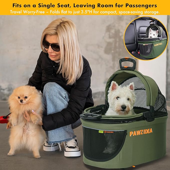 PAWZIDEA Portable Small Dog Crate for Car Travel up 33lbs, Enclosed Dog Car Seat Soft-Sided, Escape-Proof Reversible No-Zip Canopy, Foldable Pet Carrier Seatbelt for Small Medium Puppies & Cats Kennel