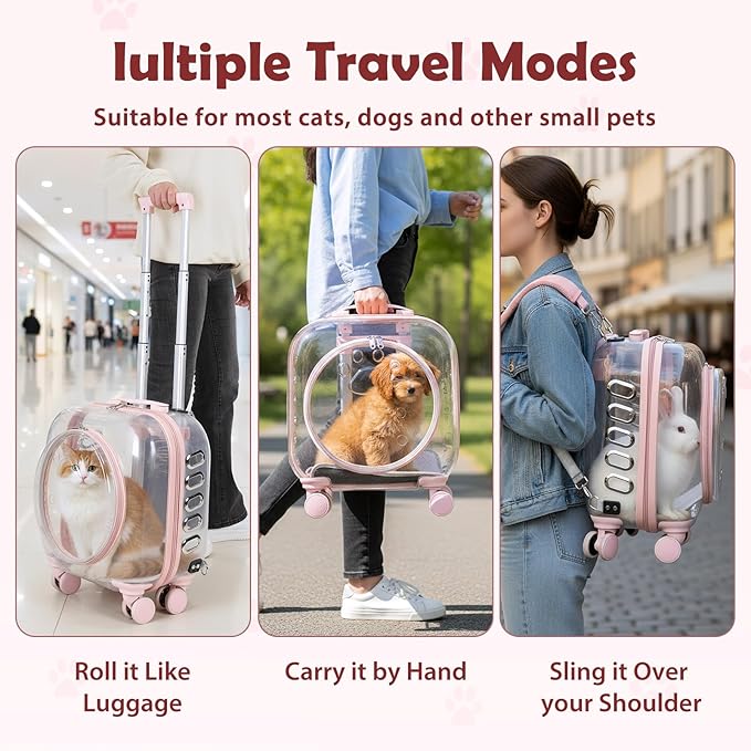 Pet Trolley Case with Ventilation Holes, Pet Carrier,Pet Rolling Carrier,Clear Window Pet Trolley Case,Pet Strollers for Small Dogs,Cat Carrier with Silent Wheels Telescopic for Travel (Pink-A)