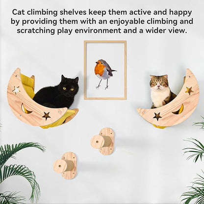 Wall Cat Bed Moon Hammock Wall Mounted Shelf with 2 Steps Climbing Sheves and Sisal Platforms Rope Scratching Post Wood Wall Furniture Bridge Ladder Wooden Indoor Cats Wall Bed-Moon Set