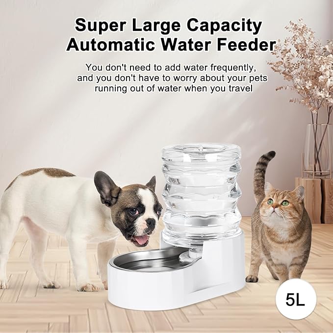 RIZZARI Dog Water Bowl Dispenser: 5L Large Stainless Steel Gravity Feeder - Remove Odor/Soften Water - Prevent Urinary Stones to Extend Lifespan - Leak-Proof - for Small to Medium-Sized Dogs and Cats