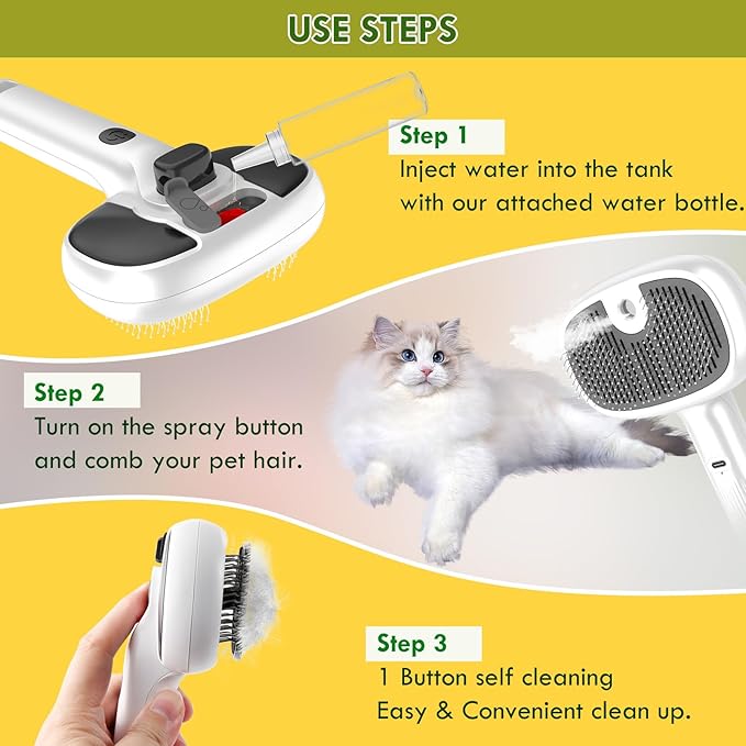 deaunbr Pet Steam Brush for Cat and Dog,4-in-1 Grooming Tool with 2 Water Spray,Cat Hair Brush for Long & Short Haired Pets,Dog Brush for Shedding Easy to Clean