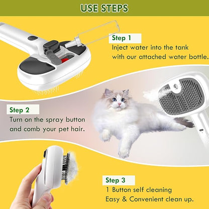deaunbr Pet Steam Brush for Cat and Dog,4-in-1 Grooming Tool with 2 Water Spray,Cat Hair Brush for Long & Short Haired Pets,Dog Brush for Shedding Easy to Clean
